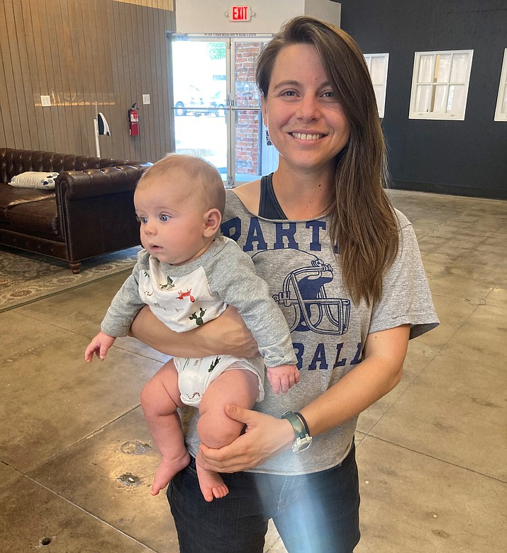 Prescott Unified School District appointed Governing Board Member Sarah Vincent with her 4-month-old daughter, Sylvia Zapushek, at The Porch coffeehouse in Prescott. (Nanci Hutson/Courier)