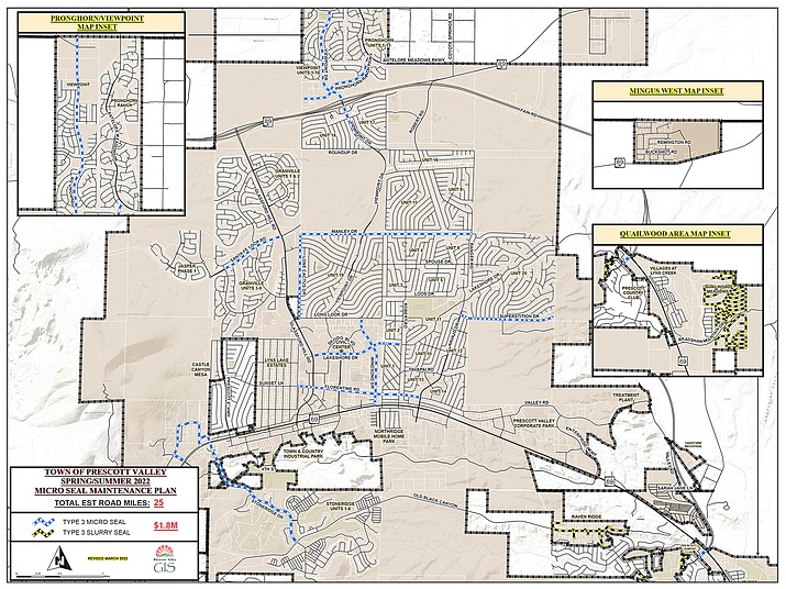 Prescott Valley’s Public Works Department will begin its $1.8 million street micro-sealing project for 2022 on Tuesday, July 5, starting with the Quailwood subdivision and expanding to 25 miles of community roadways (click on map to expand).