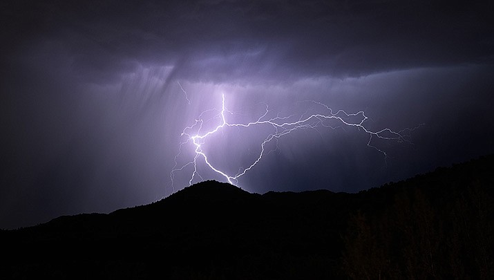 The Kingman area has had several powerful lightning storms but little rain since the monsoon season started on June 15. John Van Vliet took this photo of lightning over the Hualapai Mountains on Saturday, June 25. (Courtesy photo by John Van Vliet)