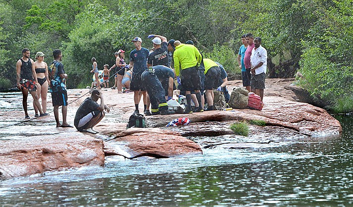 The Sedona Fire District firefighters and Yavapai County Sheriff’s Department responded to a subject who went under the water at Red Rock Crossing in Sedona. (VVN/Vyto Starinskas)