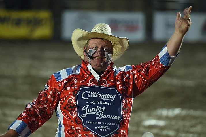 Ten-time Professional Rodeo Cowboys Association (PRCA) Clown of the Year Justin Rumford of Ponca City, Oklahoma, entertains the crowds at the 2022 Prescott Frontier Days Rodeo at the Prescott Rodeo Grounds in late June. (Jesse Bertel/Courier)