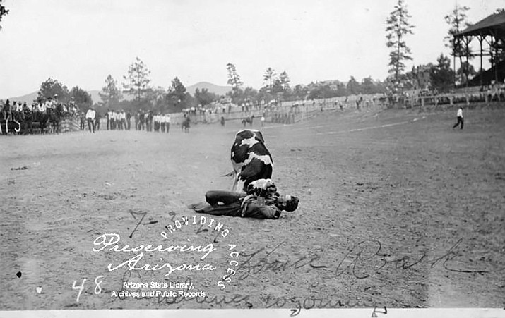 Photograph of the Prescott Frontier Days, a rodeo in Prescott, Arizona on July 3, 1924. Hank Roach, from Sundance, Wyoming, is the participant. (Sharlot Hall Museum Memory Project/Courtesy)