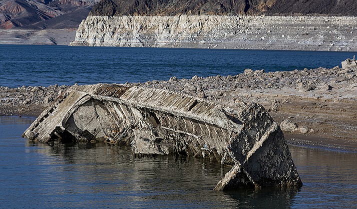 A WWII ear landing craft used to transport troops or tanks was revealed on the shoreline near the Lake Mead Marina as the waterline continues to lower at the Lake Mead National Recreation Area on Thursday, June 30, 2022, in Boulder City. (L.E. Baskow/Las Vegas Review-Journal via AP)