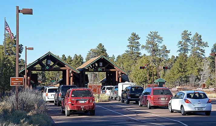 Cars line up to enter at the south entrance to the Grand Canyon in this 2018 file photo. After cratering during the pandemic, visits to national parks bounced back in 2021, not quite to pre-pandemic levels but high enough to give a significant boost to local economies. (Photo courtesy Grand Canyon National Park)