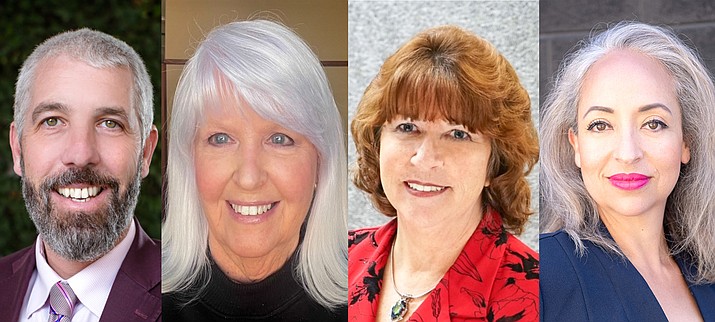 Prescott Valley Incumbent Mayor Kell Palguta, far left, is running unopposed in the 2022 primary election. From middle left to right, candidate Michael Greer, incumbent Kendall Schumacher and write-in candidate Lucy Leyva are vying for two seats on the Town Council. (Courtesy)