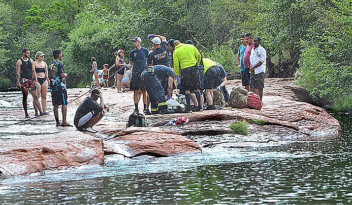 The Sedona Fire District firefighters and Yavapai County Sheriff’s Department responded to a subject who went under the water at Red Rock Crossing in Sedona. (VVN/Vyto Starinskas)