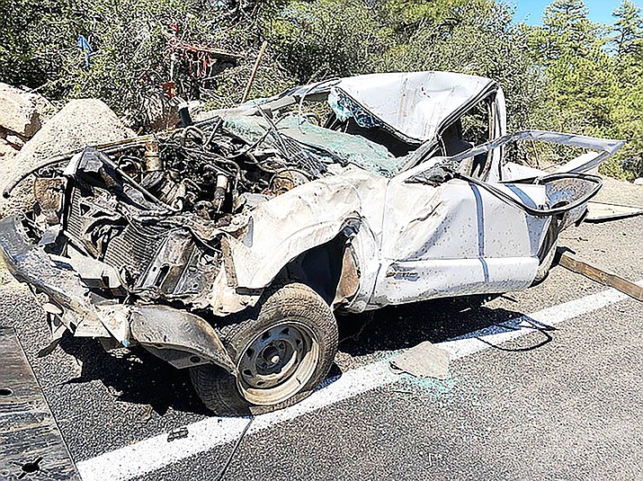 The driver in a single-vehicle rollover accident July 9, 2022, on southbound Iron Springs Road near its intersection with Skyline Drive northwest of Prescott survived, despite crashing into large boulders on the side of the roadway, Yavapai County Sheriff’s Office (YCSO) reported. (YCSO/Courtesy)