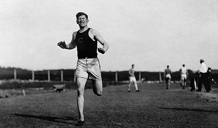 Jim Thorpe running in his prime. He easily won two gold medals for the United States in the 1912 Olympics. He was stripped of the medals after a news report six months later - five months beyond the official protest period - showed he played professional baseball and other sports. (U.S. public domain photo)