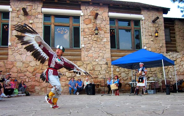 Indigenous dancers and musicians perform on the North Rim Lodge veranda during Heritage Days. (Photo/NPS)