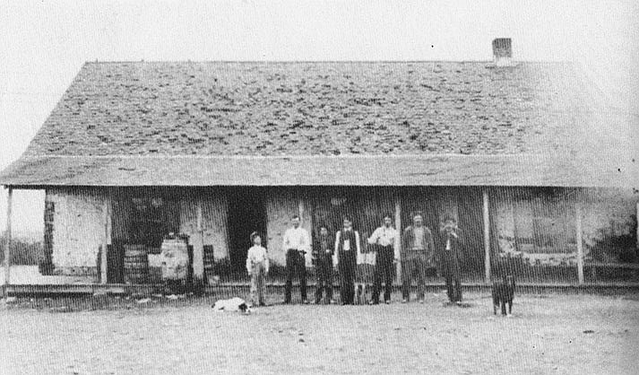 The 1871 adobe walls of the Sutler’s Store still stand on the main street of Camp Verde. A man, who had been seen in the area for about a month, shot both store owners in the back, shot a man in the leg he had visited with, and fired shots at a fleeing witness. The murderer disappeared into the darkness and was followed at dawn by a posse of determined men on July 3, 1899. (Courtesy of Camp Verde Historical Society.)
