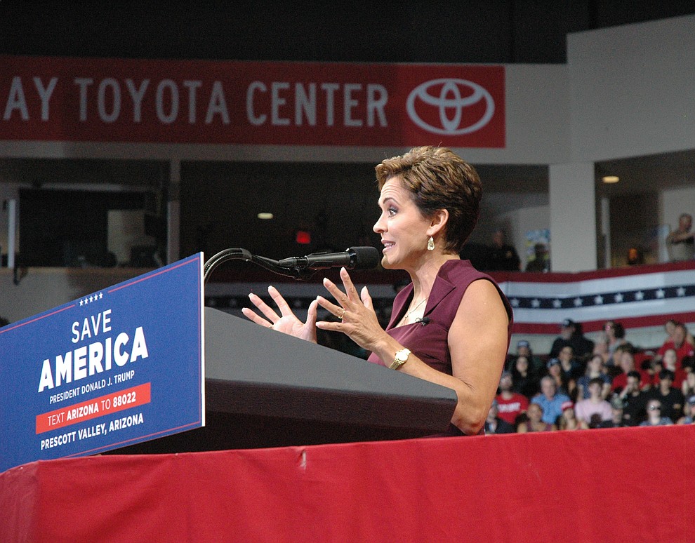 Kari Lake, Republican candidate for Arizona governor, speaks at the Save America rally at Findlay Toyota Center in Prescott Valley on July 22, 2022. (Tim Wiederaenders/Courier)