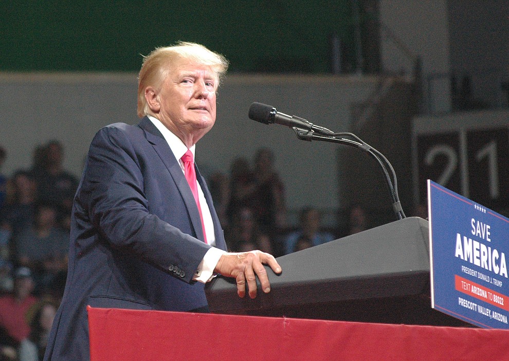 Donald Trump addresses the crowd during his "Save America" rally at the Findlay Toyota Center in Prescott Valley Friday evening, July 22, 2022. (Tim Wiederaenders/Daily Courier)