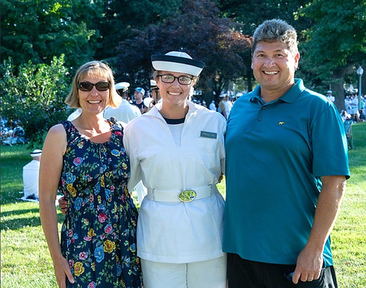 Two local women were inducted into the U.S. Naval Academy in late June. Pictured here are Callie Oryall with parents Larry and Melanie Oryall of Prescott Valley. The young women were administered their oath of office and became Midshipmen Fourth Class with the USNA Class of 2026 on June 30. They are now undergoing Plebe Summer training for the next six weeks before entering the academic year in late August. (Courtesy photos)