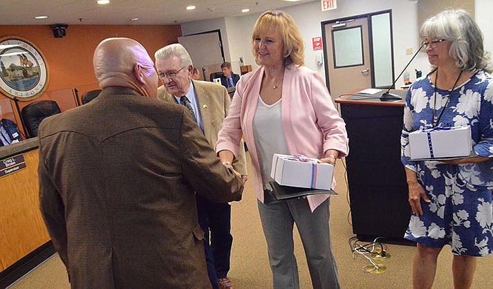 Former Yavapai County Recorder Leslie Hoffman is congratulated and leaves the county annex in Cottonwood on Wednesday, July, 20, 2022, after she and Elections Director Lynn Constabile received a proclamation for their long service. Constabile did not attend. (Vyto Starinskas/ Verde Independent)