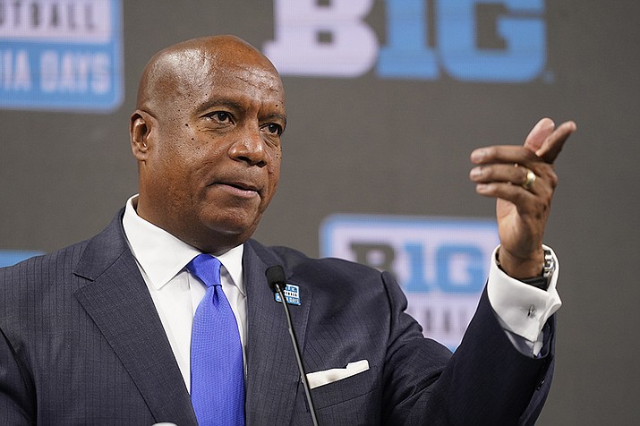 Big Ten Commissioner Kevin Warren talks to reporters during an NCAA college football news conference at the Big Ten Conference media days, at Lucas Oil Stadium, Tuesday, July 26, 2022, in Indianapolis. (Darron Cummings/AP)