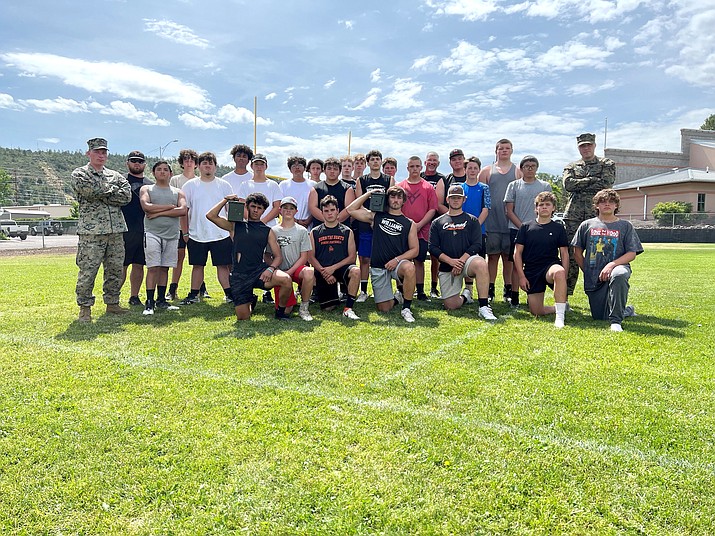 U.S. Marine Corps Staff Sergeants Tyler Reed and Tyker Faaborg assisted Vikings Head Coach Jeff Brownlee with preseason football training July 20 at Williams High School. (Wendy Howell/WGCN)