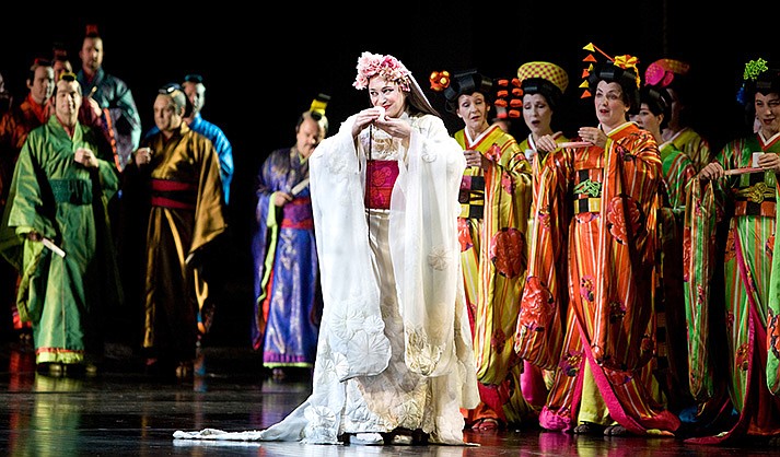 Anthony Minghella’s stunning production of Puccini’s opera stars soprano Patricia Racette as Cio-Cio-San, the trusting and innocent young geisha. She disastrously falls in love with American Navy lieutenant B.F. Pinkerton, sung by tenor Marcello Giordani, only to be abandoned by him.