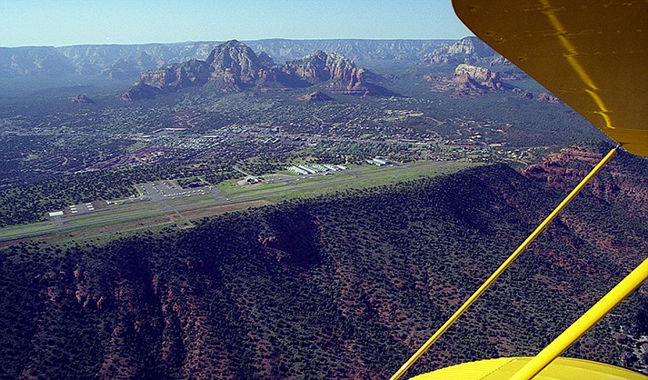 The Sedona Airport (aka The USS Sedona for its similarity to an aircraft carrier) opened in 1955 before it the runway was paved and before an airport authority was in place. (1998 photo by Brian Snelson)