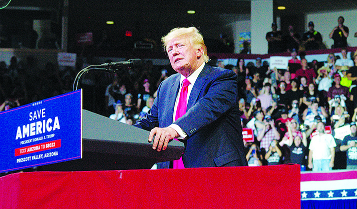Donald Trump addresses the crowd during his “Save America” rally at the Findlay Toyota Center in Prescott Valley Friday evening, July 22, 2022. (Tim Wiederaenders/Daily Courier)
