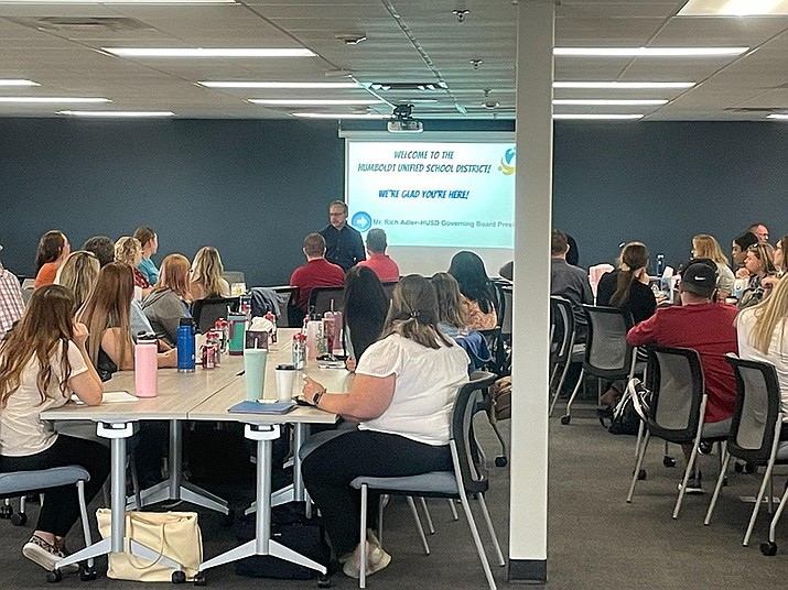 HUSD Governing Board President Rich Adler greets a group of new teachers this week. (Courtesy photo)