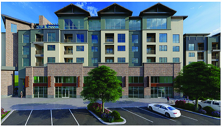 An artist’s rendering of a front-facing view of the exterior of Legado, a mixed-use apartment and commercial complex on the southwest corner of Florentine Road and Main Street in Prescott Valley. Groundbreaking has begun and the project is scheduled for completion in 2024. (Fain Signature Group/Courtesy)