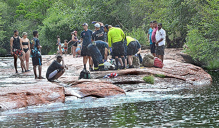 The Sedona Fire District firefighters and Yavapai County Sheriff’s Department responded to a subject who went under the water at Red Rock Crossing in Sedona on June 29. (VVN/Vyto Starinskas)