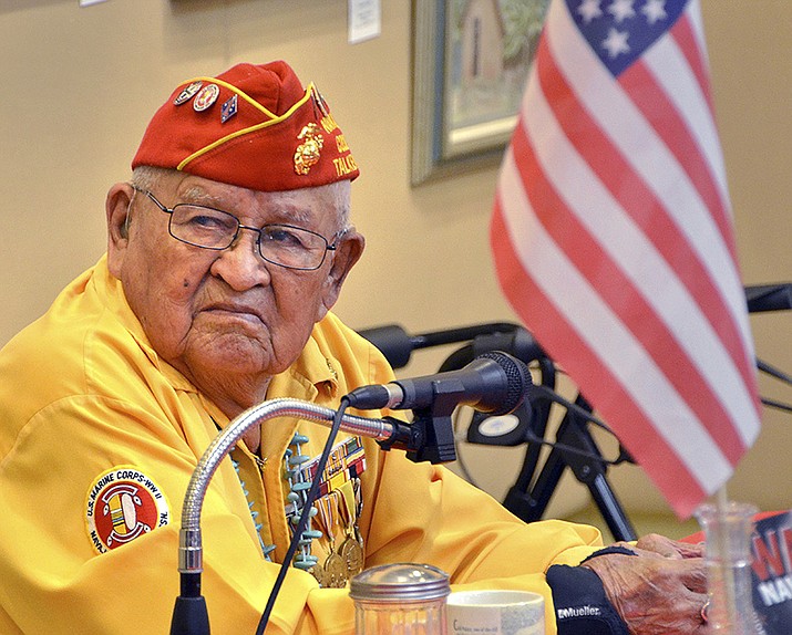 Navajo Code Talker Samuel Sandoval talks about his experiences in the military in Cortez, Colorado in 2013. Sandoval, one of the last remaining Navajo Code Talkers who transmitted messages in World War II using a code based on their native language, has died at age 98. (Sam Green/The Cortez Journal via AP)