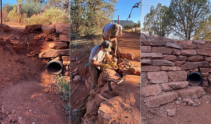 Before, During & After: Maintenance and repairs on Bell Rock Pathway – Culvert retaining wall washed away during 2021 monsoon weather events