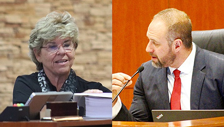 Mohave County Supervisor Travis Lingenfelter, right, has accused supervisor Jean Bishop of being out-of-line when she asked him if he would personally benefit from moving the Mohave County Fairgrounds to state land near the Rancho Santa Fe Parkway, a location that Lingenfelter had proposed. (Miner file photos)