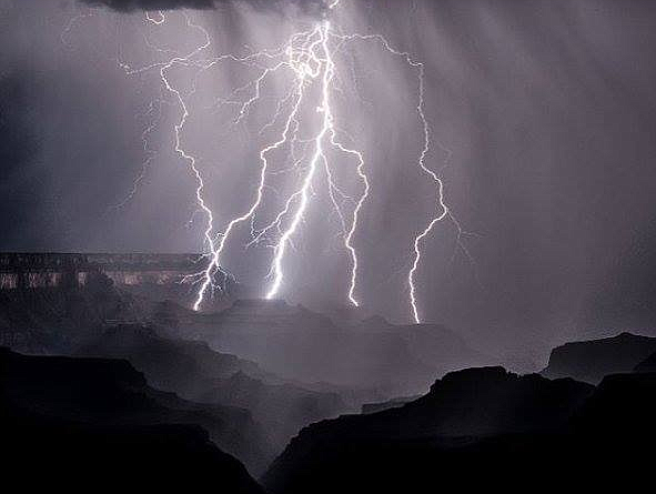 Lightning lights up the mesas at Grand Canyon National Park. Park officials are reminding people of the hazards of lightning as the monsoon season sets in at the Canyon. (Photo/NPS/Daniel Pawlak)