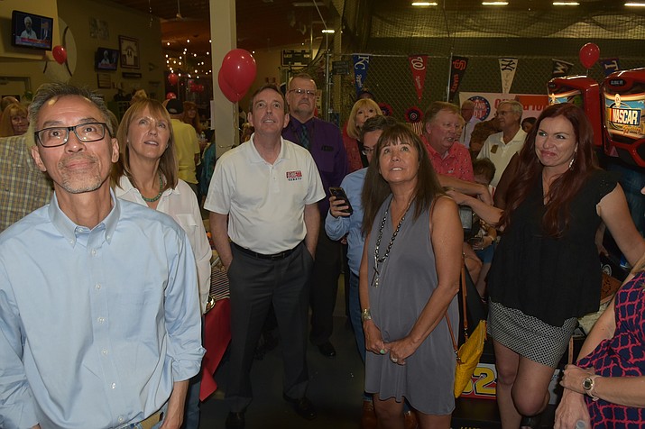 Republican candidates await the election results at Full Swing Sports Center in Prescott Valley, on Tuesday, Aug. 2, 2022. (Jesse Bertel/Courier)