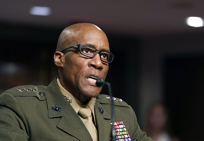 Lt. Gen. Michael Langley speaks during a Senate Armed Services hearing to examine the nominations at the Capitol Hill, on July 21, 2022, in Washington. Langley was promoted to The Marine Corps' first African American four-star general during a ceremony Saturday, Aug. 6, at Marine Corps Barracks Washington. (Mariam Zuhaib/AP, File)