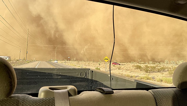 Monitoring by the Arizona Department of Environmental Quality found that the dust level in Valle Vista only exceeded federal standards on one day between May 11 and June 16. This is a photo of a recent dust storm near Dolan Springs. (Courtesy photo by Sharon Livingston.)