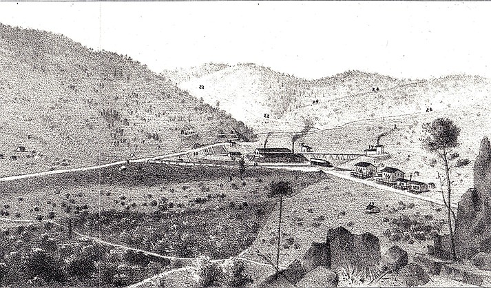 United Verde Copper Company in 1884, as it appeared when shareholders James A. Macdonald, president, Eugene M. Jerome, secretary-treasurer, Governor Frederick A. Tritle and Dr. Bushnell, board members, and other investors visited during January and May. (Czar James Dyer drawing, Glenda Farley collection.)