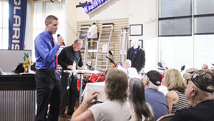 Cameron Patt, shown speaking at a Kingman Chamber of Commerce event before the election, won the third and final seat as a write-in candidate for the Kingman City Council. The Deputy Mohave County Attorney will join Shawn Savage and Marion “Smiley” Ward as new council members. (Miner file photo)