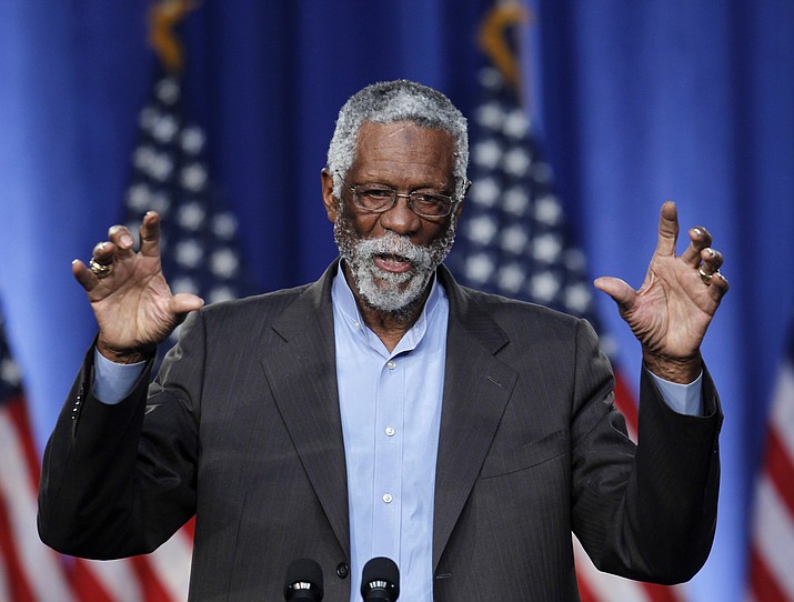 Former Boston Celtics basketball player Bill Russell addresses an audience during a campaign fundraising event, in Boston, May 18, 2011. The NBA great Bill Russell has died at age 88. His family said on social media that Russell died on Sunday, July 31, 2022. Russell anchored a Boston Celtics dynasty that won 11 titles in 13 years. (Steven Senne/AP, file)