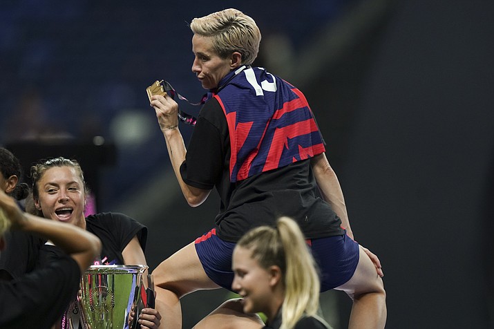 United States' Megan Rapinoe celebrates after winning the CONCACAF Women's Championship final match against Canada in Monterrey, Mexico, Monday, July 18, 2022. (Fernando Llano/AP)
