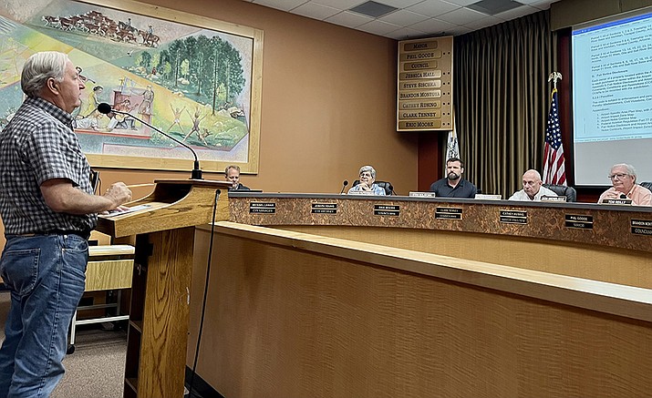 Ron James, owner of Deep Well Ranch, talks to the Prescott Planning and Zoning Commission Thursday, Aug. 11, 2022 about concerns over the city’s proposed Airport Vicinity Overlay District and the effects it would have on the plans for the Deep Well Ranch project that was approved by the city in 2017. (Cindy Barks/Courier)