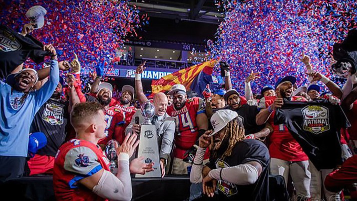 The Northern Arizona Wranglers celebrate their 2022 Indoor Football League National Championship Saturday in Henderson, Nevada. The Wranglers edged the Quad Cities Steamwheelers to win the title. (Northern Arizona Wranglers/Courtesy)