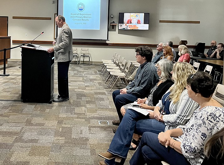 Yavapai County Administrator Phil Bourdon gives a report to the Yavapai County Board of Supervisors Monday, Aug. 15, 2022 on the canvass for the Aug. 2 primary vote. The supervisors unanimously approved the canvass. (Cindy Barks/Courier)