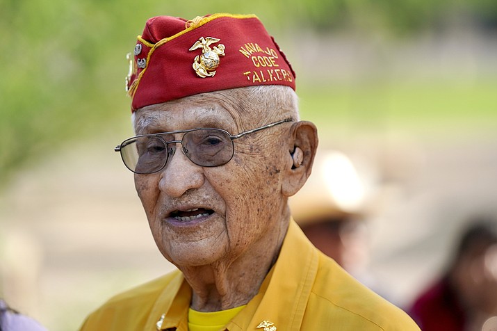 Navajo Code Talker Thomas Begay talks to people prior to the Arizona State Navajo Code Talkers Day celebration ceremony, Sunday, Aug. 14, 2022, in Phoenix. (Ross D. Franklin/AP)