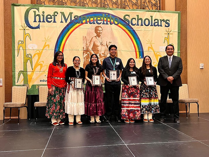 Tuba City High School students Grace Curley, Ayana Brown, Taryn Tsosie, Lyndsey Tsosie, Kirsten Goldtooth and Kaiden Acothley (not picture) receive Chief Manuelito Scholarships at Twin Arrows Casino Aug. 5.  (Photo/President's Office)
