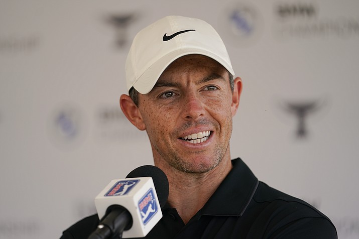 Rory McIlroy, of Northern Ireland, speaks to reporters after participating in the ProAm at the BMW Championship tournament at Wilmington Country Club, Wednesday, Aug. 17, 2022, in Wilmington, Del. The BMW Championship tournament begins on Thursday. (Julio Cortez/AP)