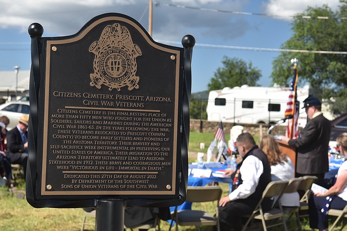 The Sons of Union Veterans of the Civil War Department of the Southwest unveiled a Civil War Union Veteran plaque, shown in the photo, with guest speakers including Prescott Mayor Phil Goode at a ceremony at Prescott’s Citizens Cemetery Wednesday, Aug. 17. (Jesse Bertel/Courier)