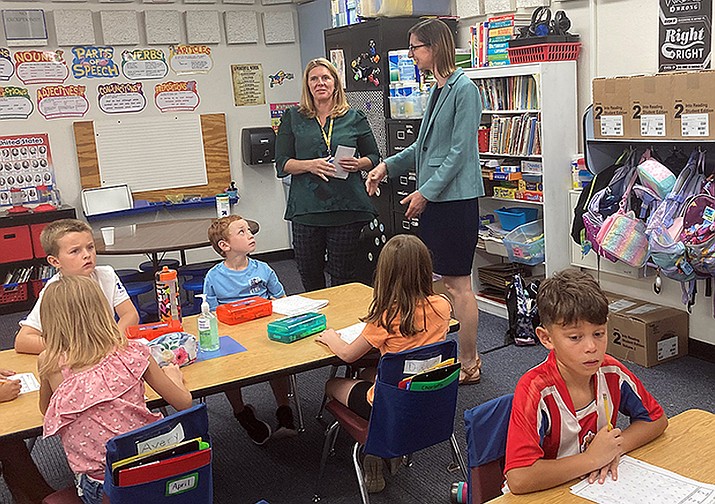 Arizona Superintendent for Public Instruction Kathy Hoffman visits a classroom at Abia Judd Elementary earlier this month. (Nanci Hutson/Courtesy)