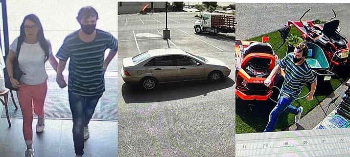 Surveillance footage of the suspects, as well as the vehicle they used to flee from the scene, that were allegedly involved in an organized retail theft at Alliance Home Improvement Center in Prescott Valley on Friday, July 29, 2022. (PVPD/Courtesy)