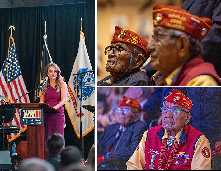 Navajo Code Talkers Samuel Sandoval, left, and Peter MacDonald were honored recently with the American Spirit Award at a ceremony in which a $3 million Freeport-McMoRan Foundation scholarship program in their honor was announced(Photos/National World War II Museum)