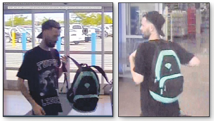 The Prescott Valley Police Department is asking for the public’s help in trying to identify this man in connection with a theft that occurred Monday, Aug. 15, 2022, at Walmart, 3450 N. Glassford Hill Road. (Courtesy images)