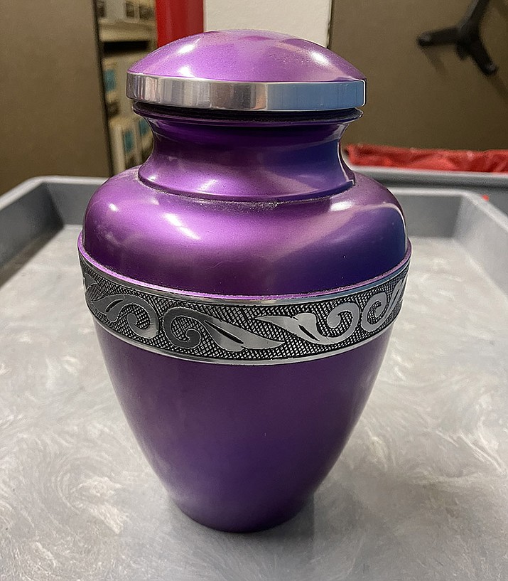 The urn, found in Prescott, at the end of May 2022. Contact police if you know who it belongs to. (Courtesy photo)