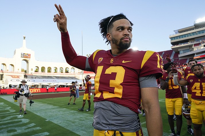 Southern California quarterback Caleb Williams (13) celebrates after a 66-14 win over Rice in a game in Los Angeles, Saturday, Sept. 3, 2022. (Ashley Landis/AP)